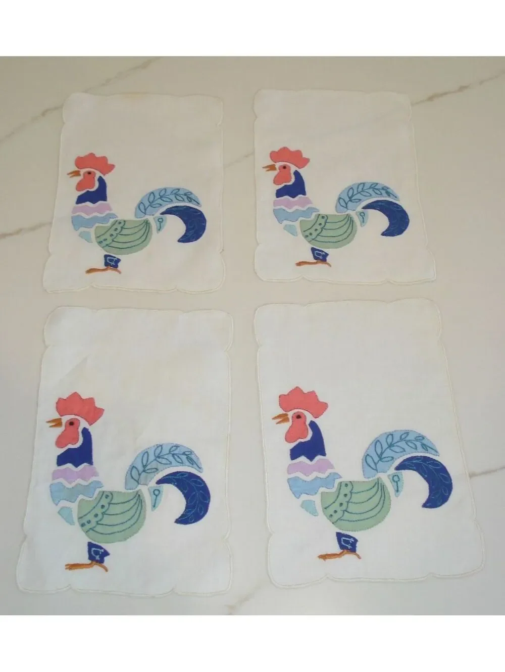 4 MCM Vintage 1950's Rooster Cocktail Madeira Napkins Hand Applique Embroidery